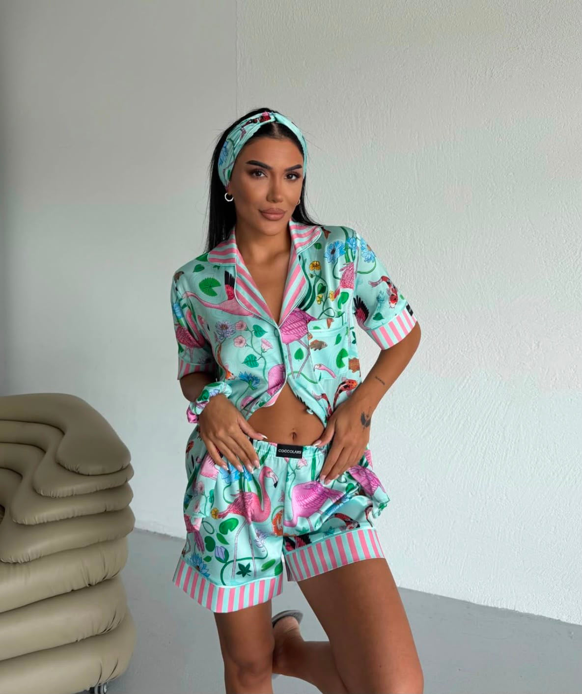 Flamingo Print Satin Pyjamas