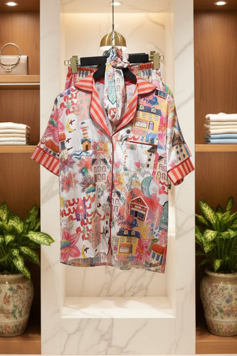 Village Print Satin Pyjamas