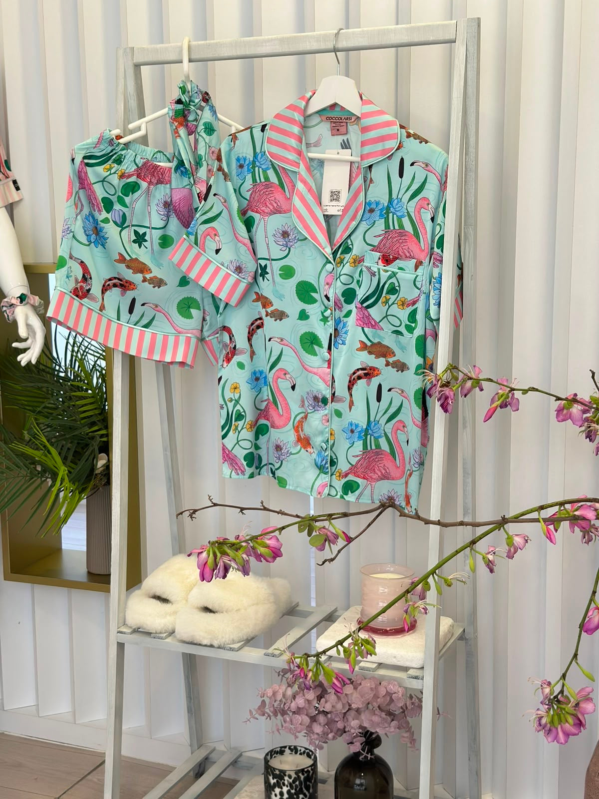 Flamingo Print Satin Pyjamas